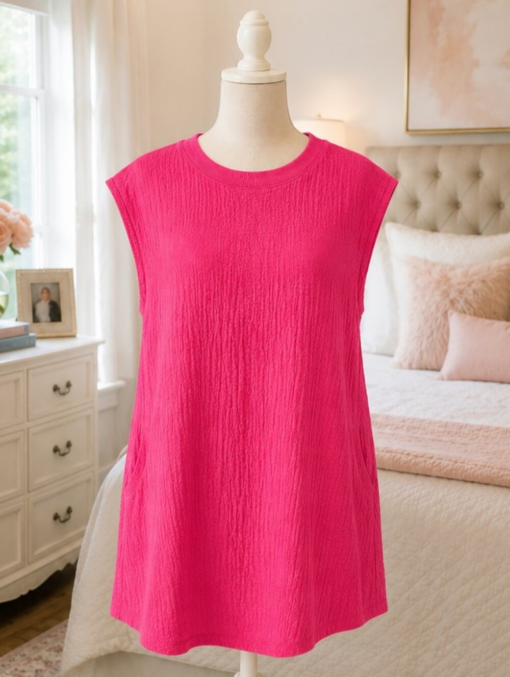 Bright Pink Textured Tunic Dress with Pockets – Women’s Casual Sleeveless Shirt
